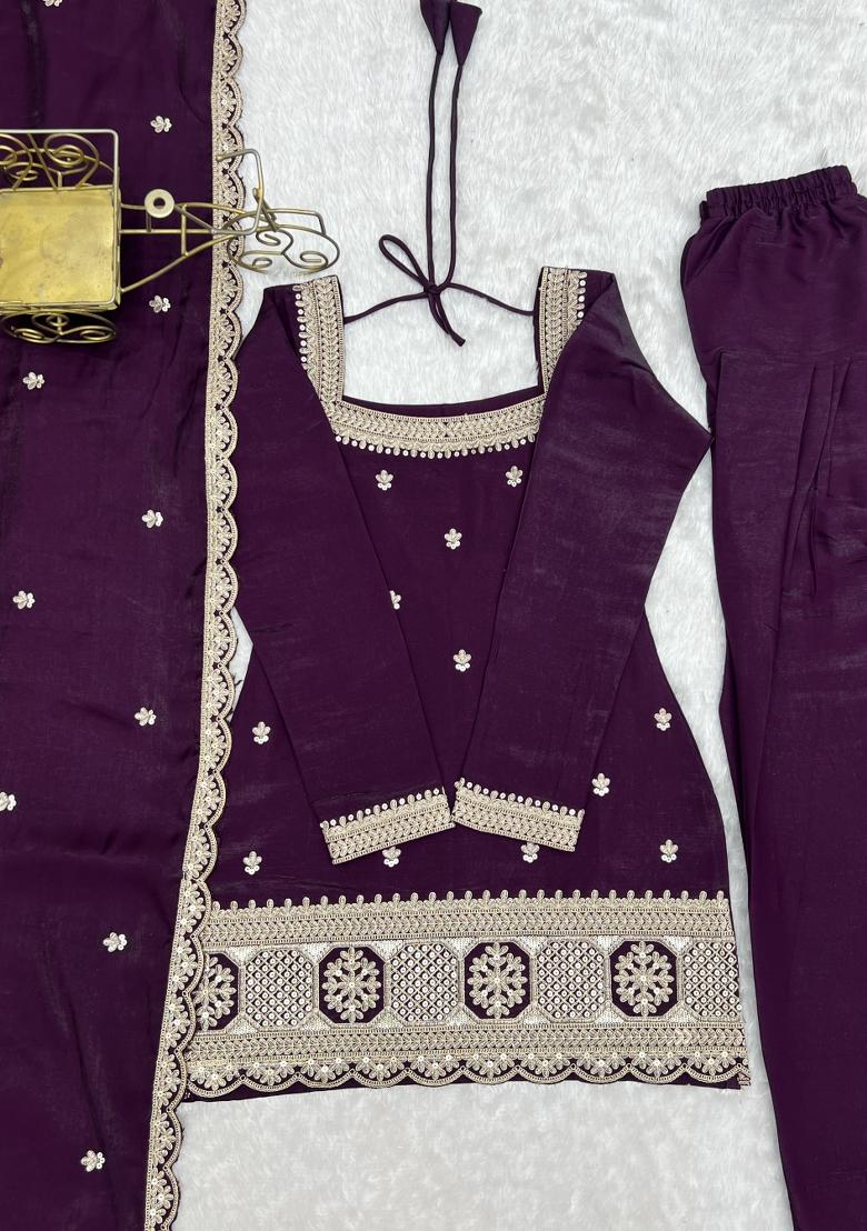 Wine Embroidered Silk Blend Salwar Kameez - Indya