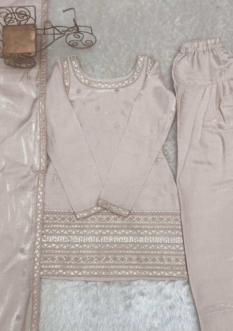 Beige Embroidered Silk Blend Salwar Kameez - Indya