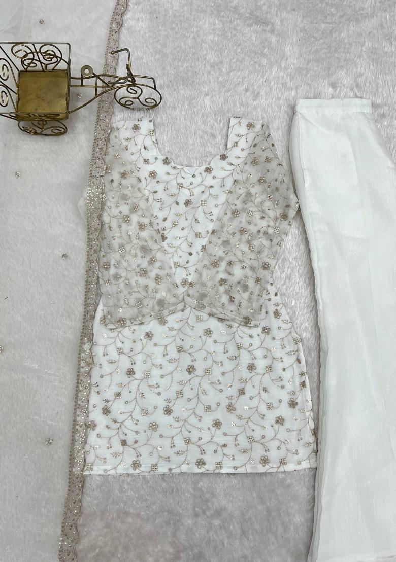 White Embroidered Silk Blend Salwar Kameez - Indya