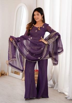Purple Embroidered Silk Blend Salwar Kameez