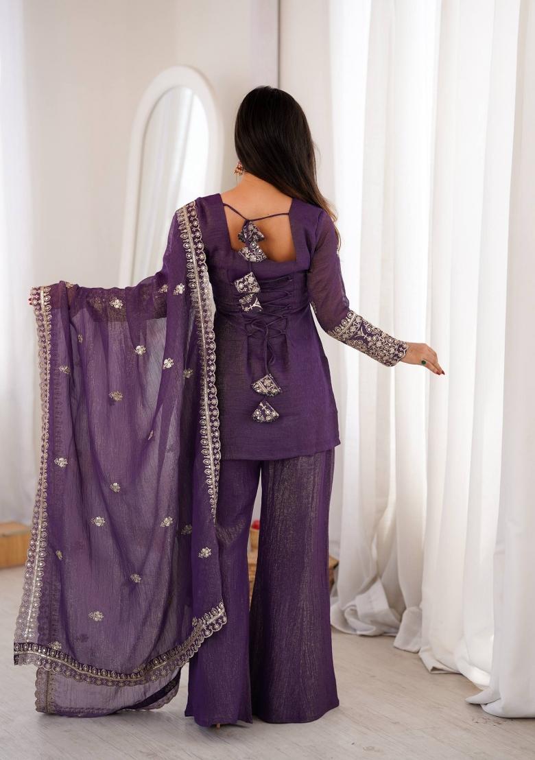 Purple Embroidered Silk Blend Salwar Kameez - Indya