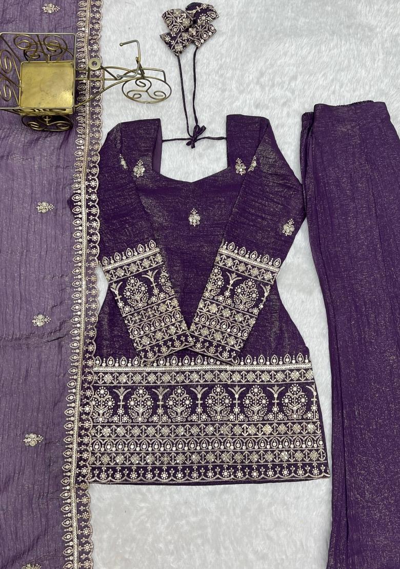 Purple Embroidered Silk Blend Salwar Kameez - Indya