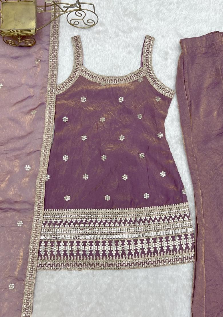 Mauve Embroidered Silk Blend Salwar Kameez - Indya