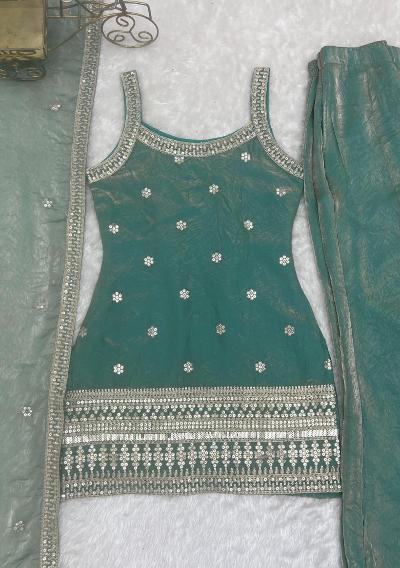 Sea Green Embroidered Silk Blend Salwar Kameez - Indya