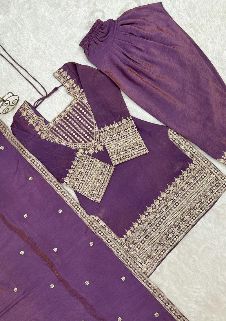 Purple Embroidered Silk Blend Salwar Kameez - Indya