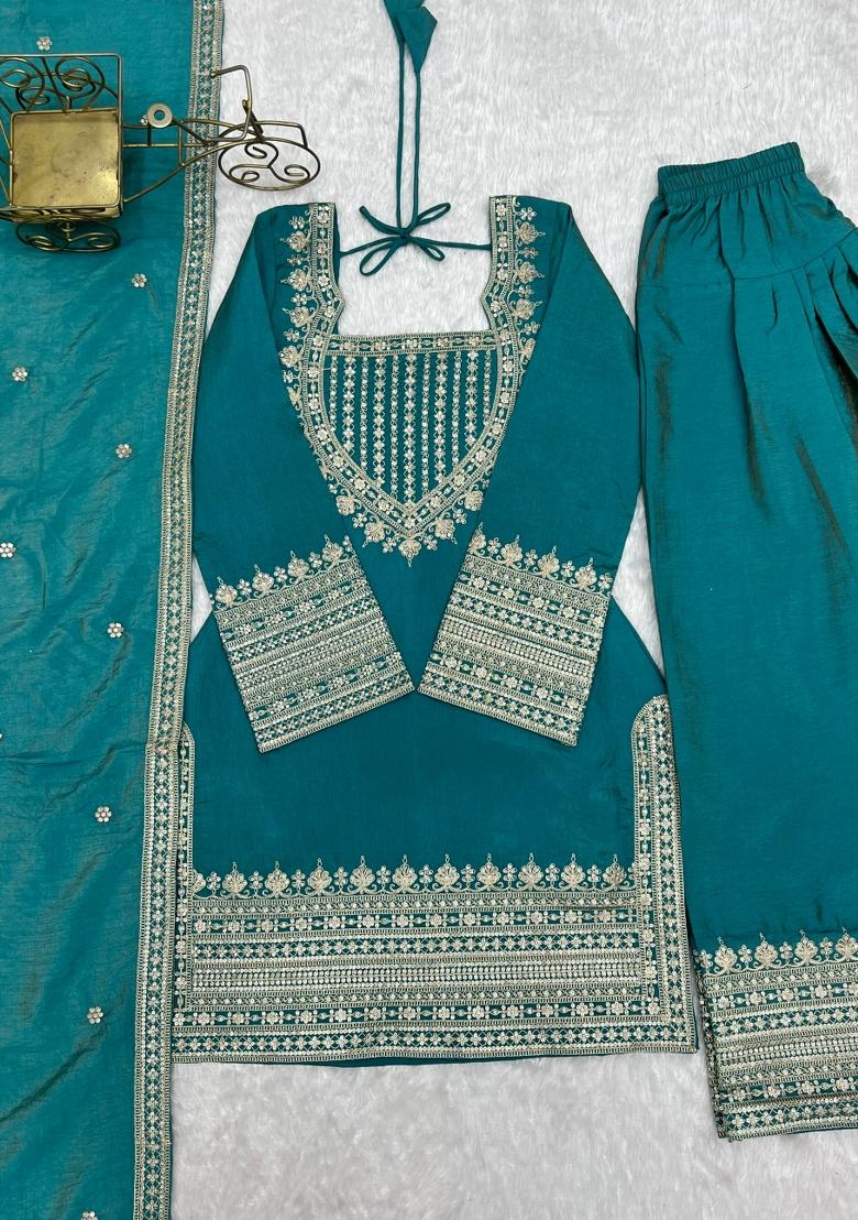 Teal Blue Embroidered Silk Blend Salwar Kameez - Indya