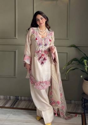 Off White Embroidered Georgette Salwar Kameez