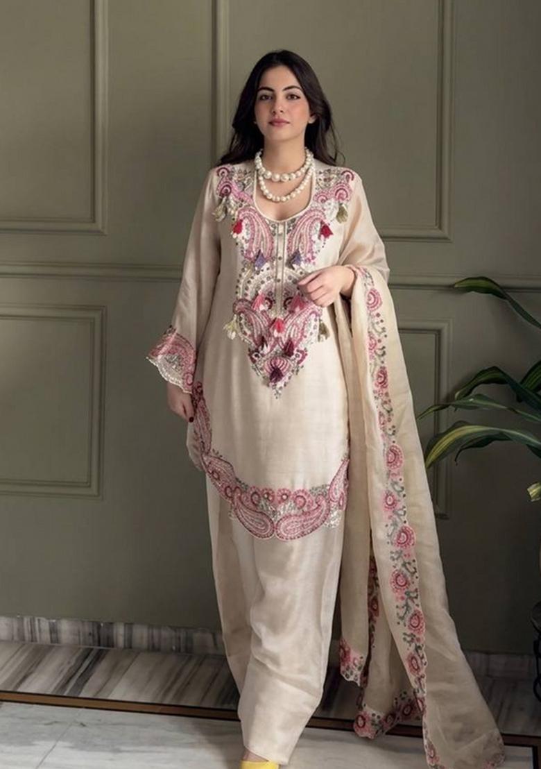 Off White Embroidered Georgette Salwar Kameez - Indya