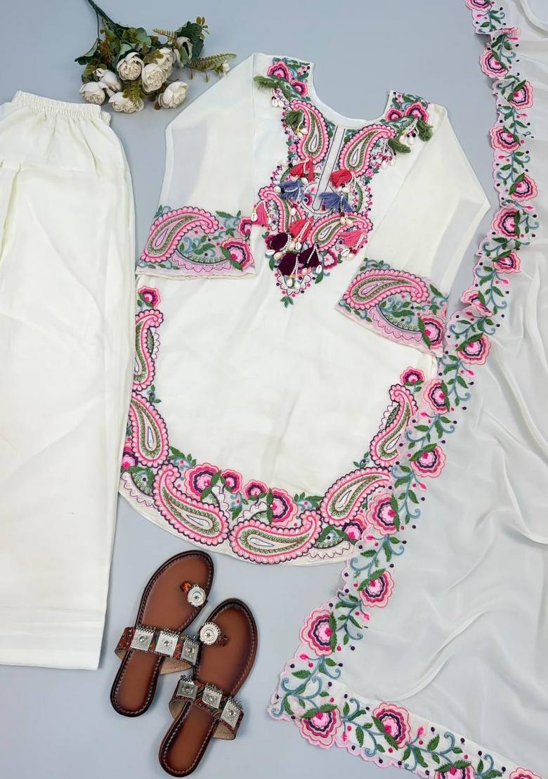 Off White Embroidered Georgette Salwar Kameez - Indya