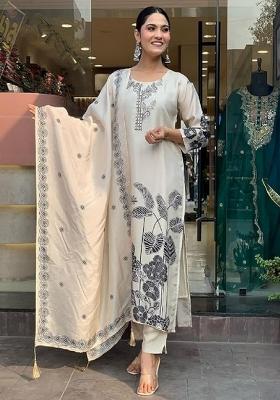 White Printed Rayon Salwar Kameez