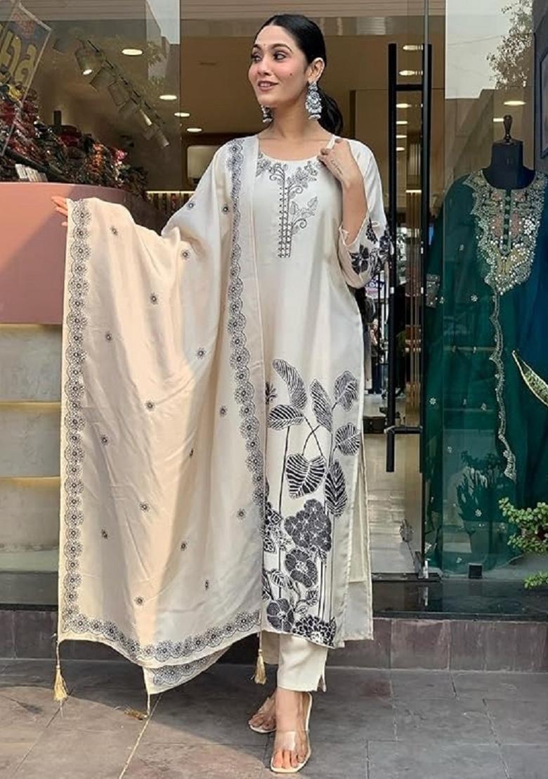 White Printed Rayon Salwar Kameez - Indya