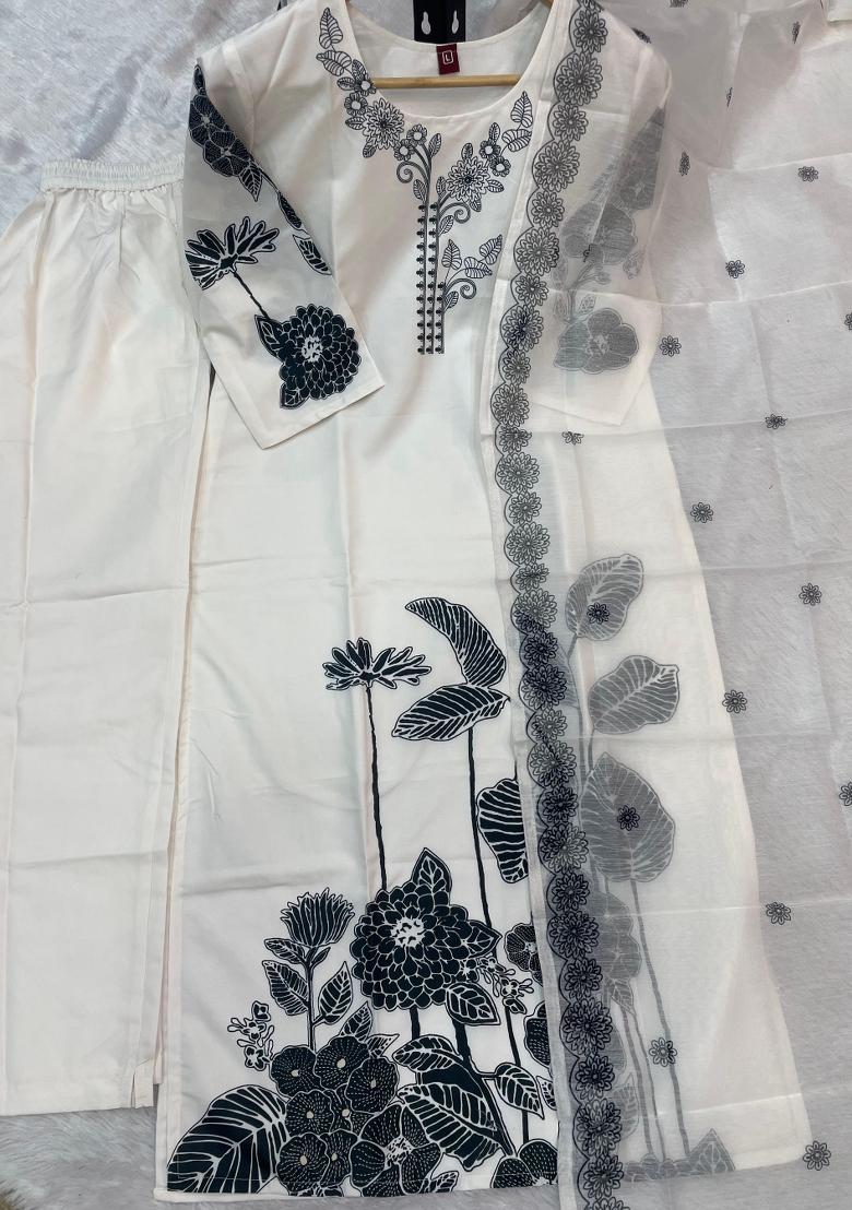 White Printed Rayon Salwar Kameez - Indya