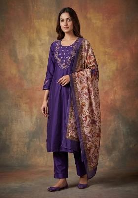 Purple Embroidered Silk Blend Salwar Kameez