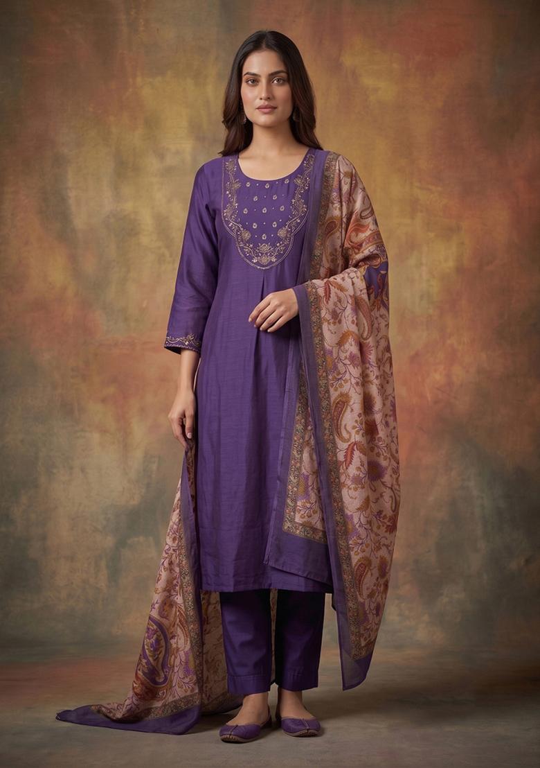 Purple Embroidered Silk Blend Salwar Kameez - Indya
