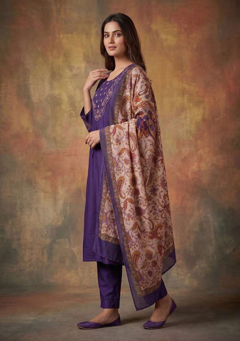 Purple Embroidered Silk Blend Salwar Kameez - Indya