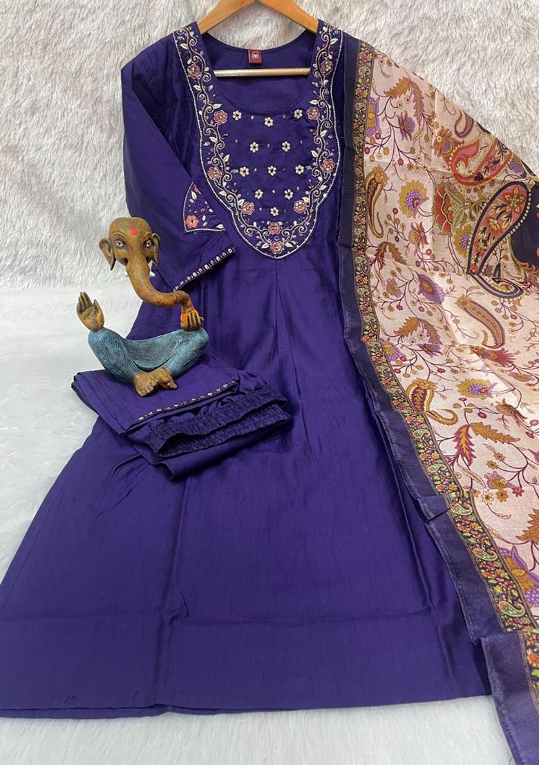 Purple Embroidered Silk Blend Salwar Kameez - Indya