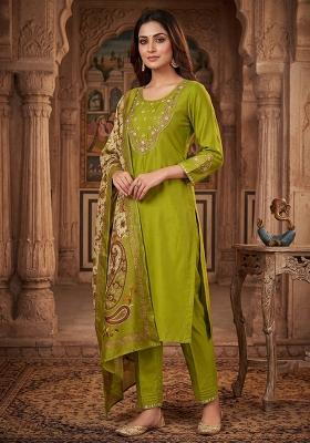 Olive Embroidered Silk Blend Salwar Kameez