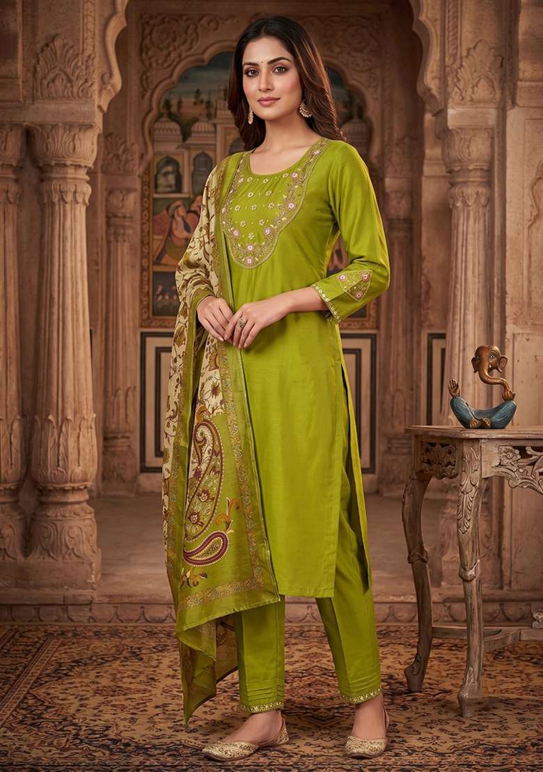 Olive Embroidered Silk Blend Salwar Kameez - Indya