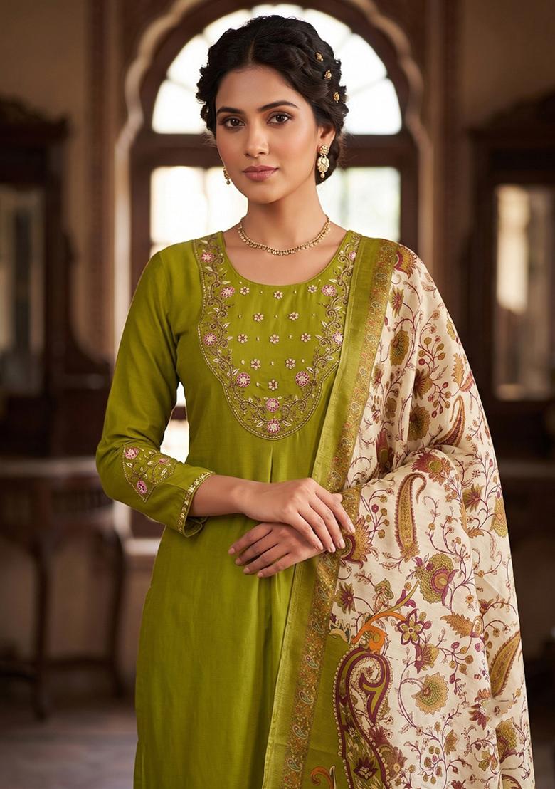 Olive Embroidered Silk Blend Salwar Kameez - Indya