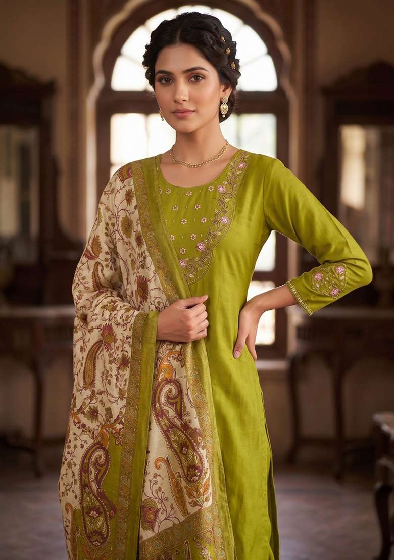 Olive Embroidered Silk Blend Salwar Kameez - Indya