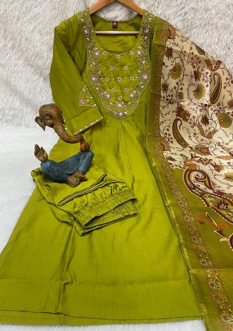 Olive Embroidered Silk Blend Salwar Kameez - Indya