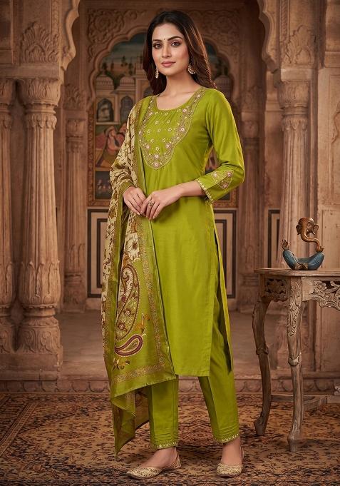 Olive Embroidered Silk Blend Salwar Kameez