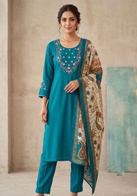 Teal Embroidered Silk Blend Salwar Kameez