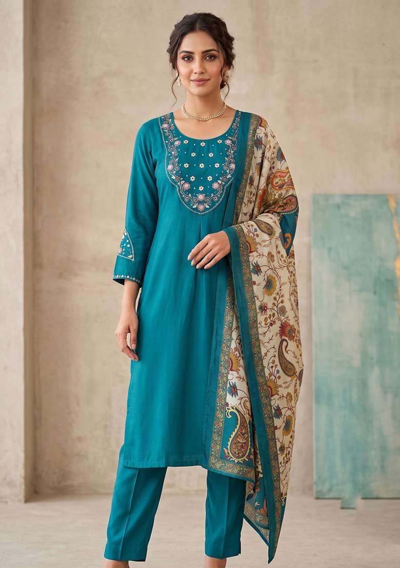 Teal Embroidered Silk Blend Salwar Kameez - Indya