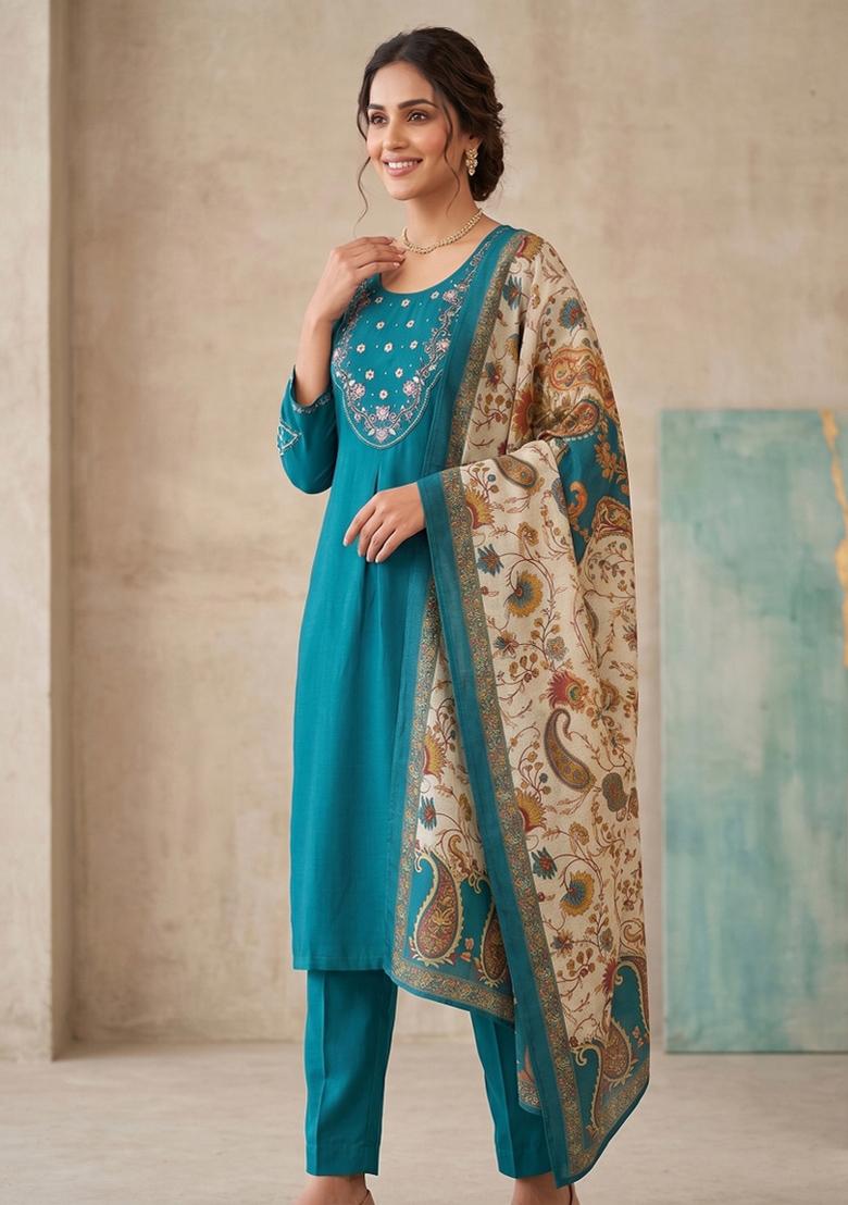 Teal Embroidered Silk Blend Salwar Kameez - Indya