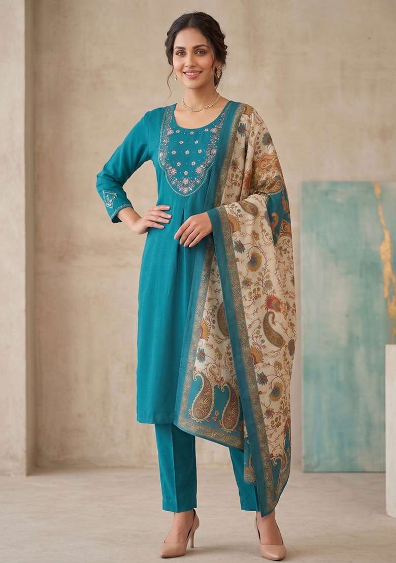 Teal Embroidered Silk Blend Salwar Kameez - Indya