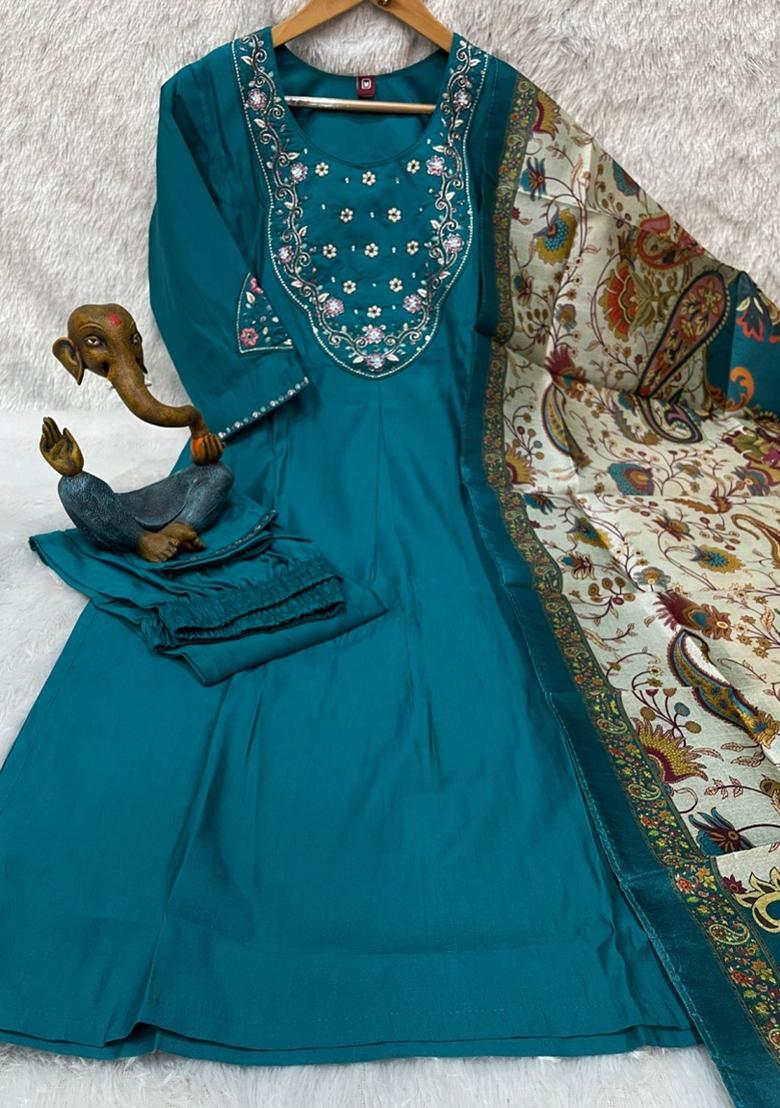 Teal Embroidered Silk Blend Salwar Kameez - Indya