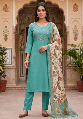Sky Blue Embroidered Silk Blend Salwar Kameez