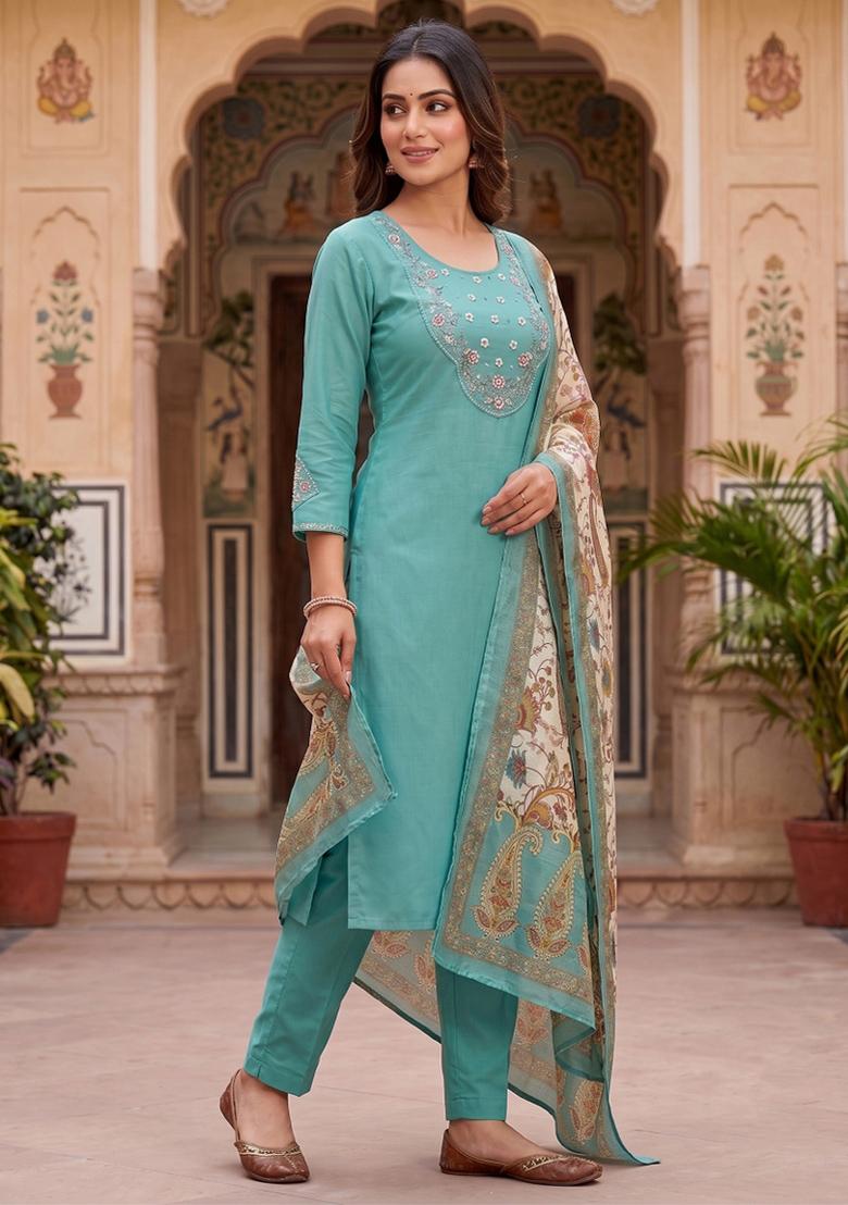 Sky Blue Embroidered Silk Blend Salwar Kameez - Indya