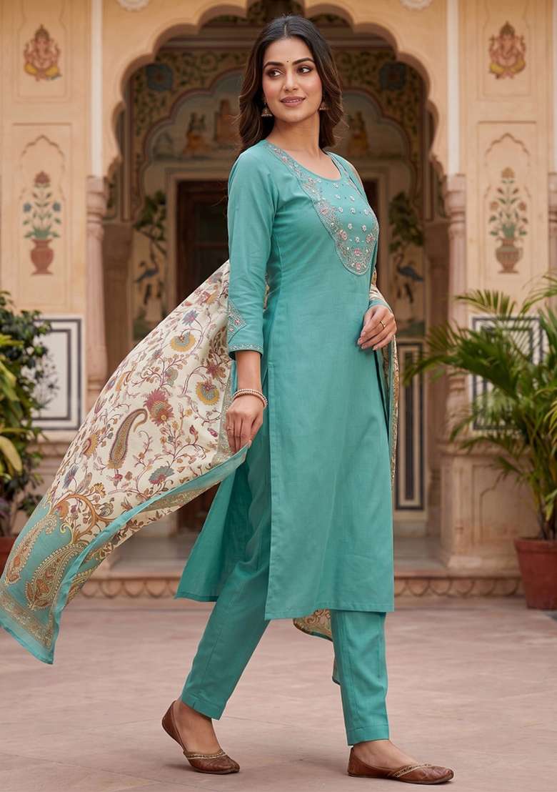 Sky Blue Embroidered Silk Blend Salwar Kameez - Indya