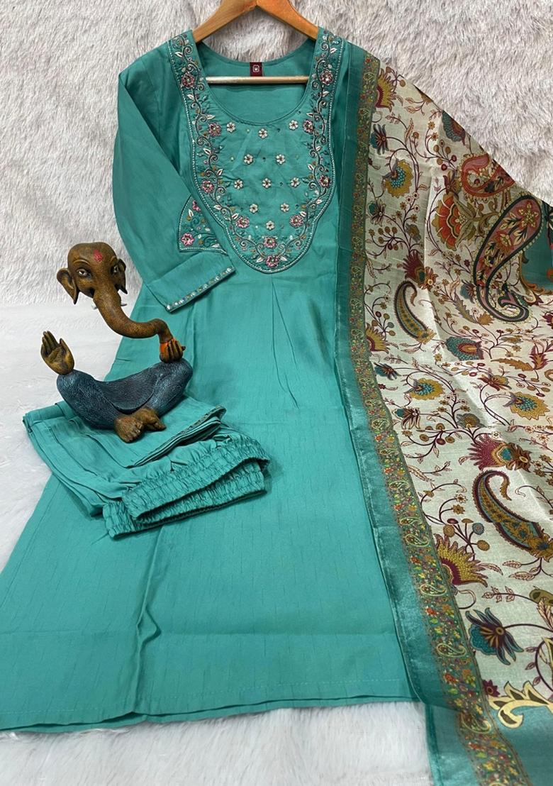 Sky Blue Embroidered Silk Blend Salwar Kameez - Indya