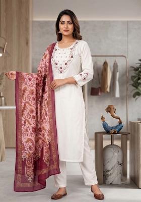 White Embroidered Silk Blend Salwar Kameez