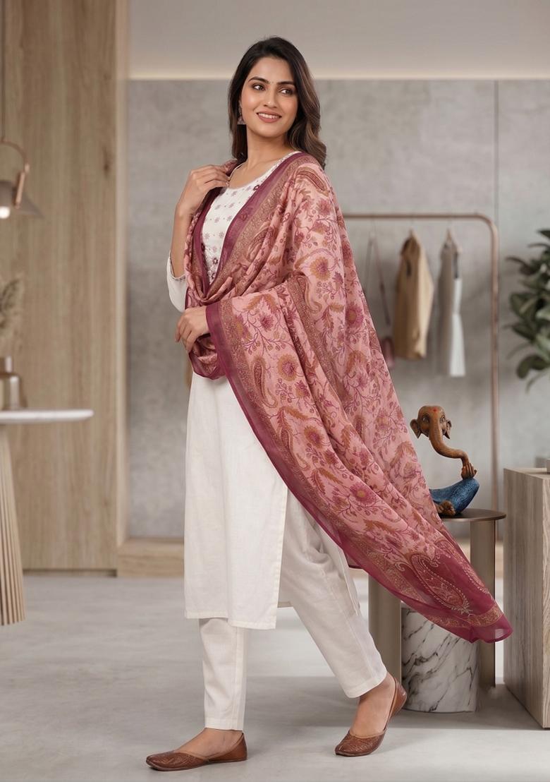 White Embroidered Silk Blend Salwar Kameez - Indya