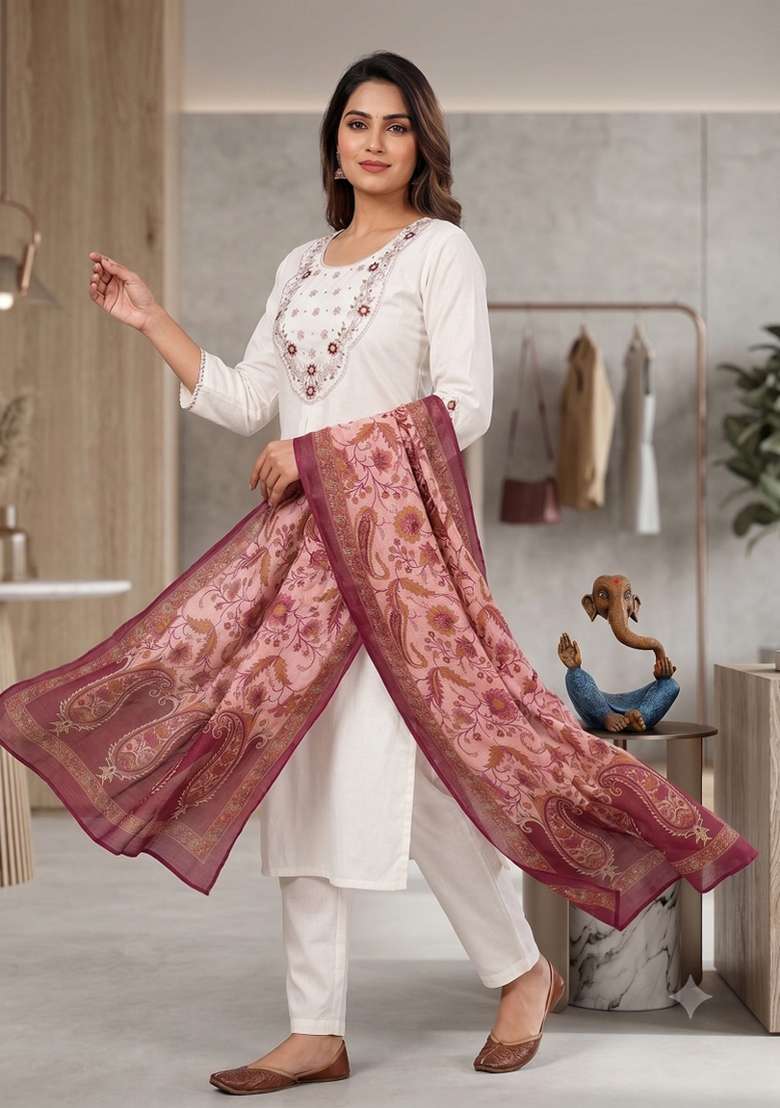 White Embroidered Silk Blend Salwar Kameez - Indya
