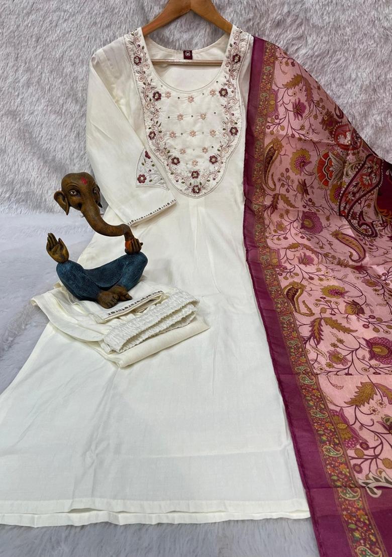 White Embroidered Silk Blend Salwar Kameez - Indya