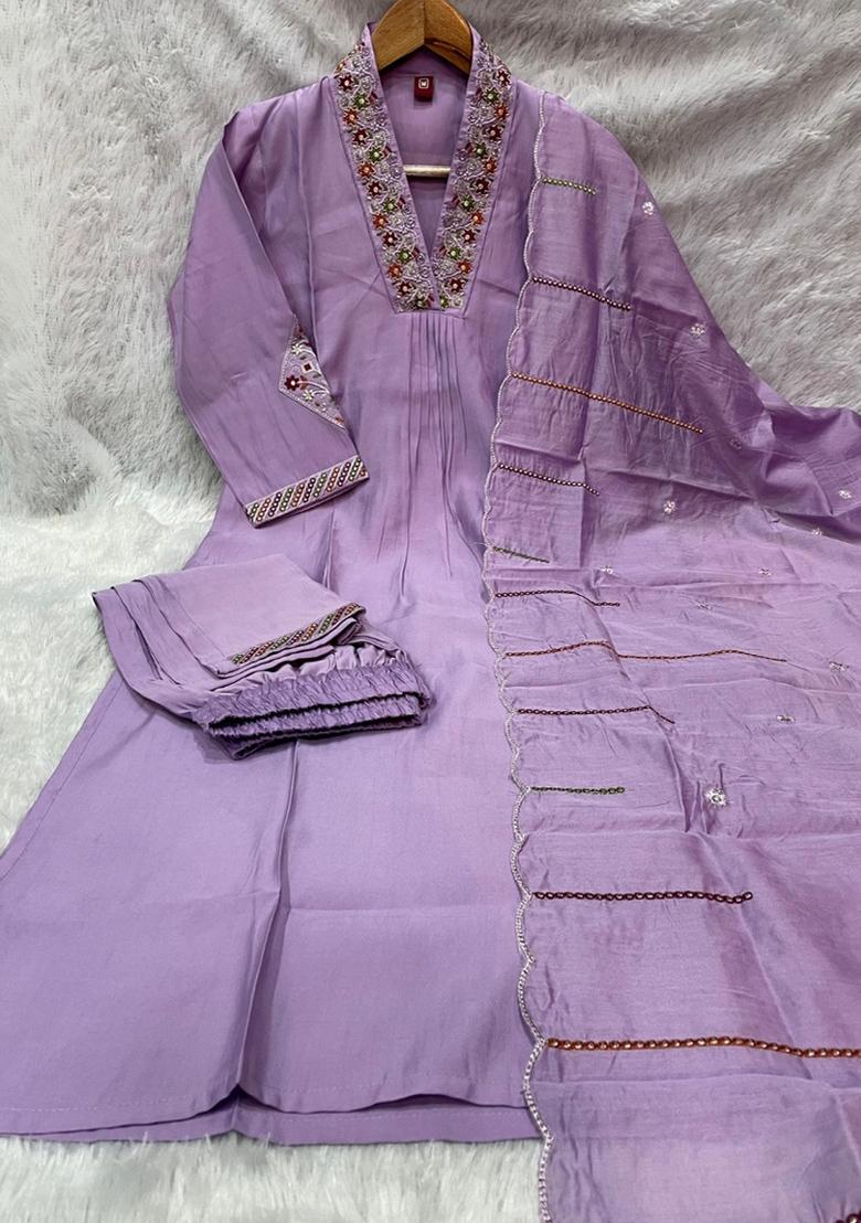 Lavender Embroidered Silk Blend Salwar Kameez - Indya