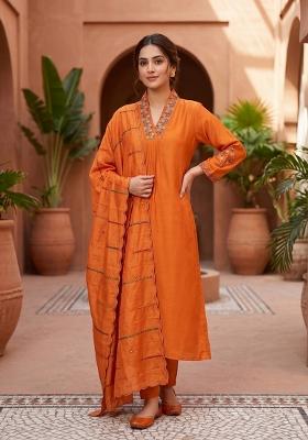 Orange Embroidered Silk Blend Salwar Kameez