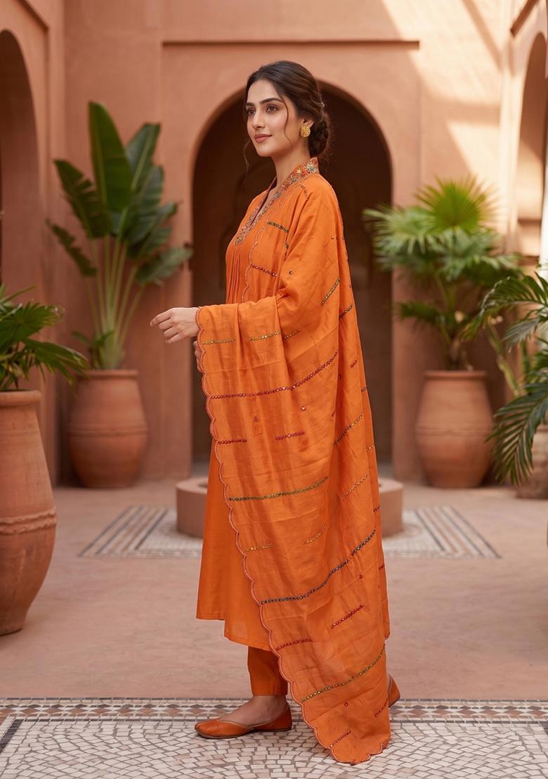 Orange Embroidered Silk Blend Salwar Kameez - Indya
