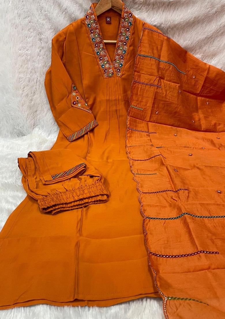 Orange Embroidered Silk Blend Salwar Kameez - Indya