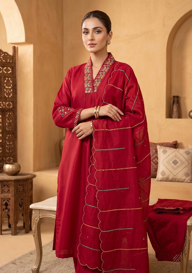 Rani Pink Embroidered Silk Blend Salwar Kameez - Indya