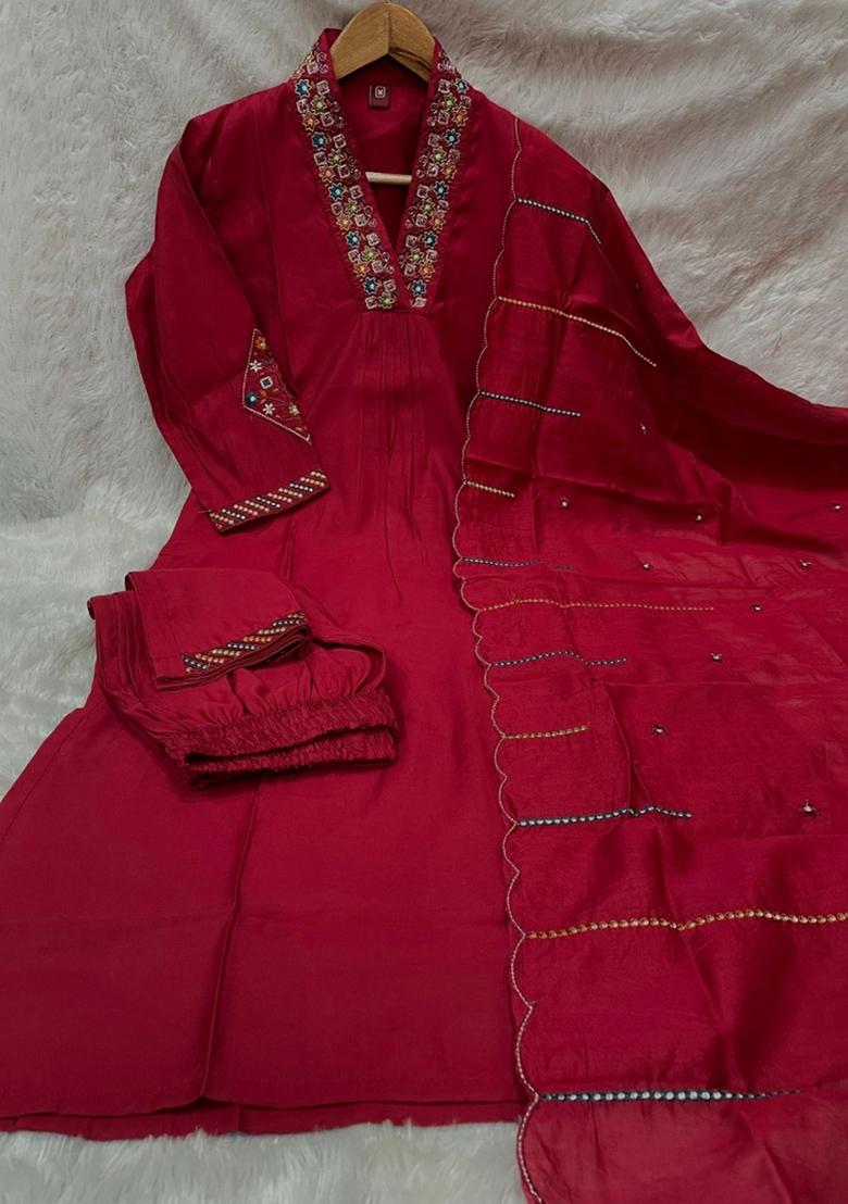 Rani Pink Embroidered Silk Blend Salwar Kameez - Indya