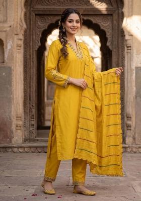 Yellow Embroidered Silk Blend Salwar Kameez