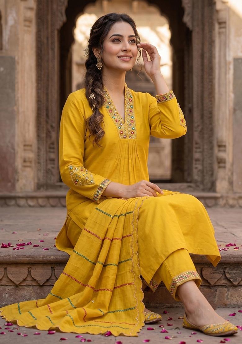 Yellow Embroidered Silk Blend Salwar Kameez - Indya