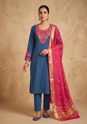 Blue Embroidered Silk Blend Salwar Kameez
