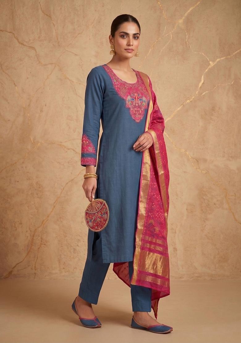 Blue Embroidered Silk Blend Salwar Kameez - Indya