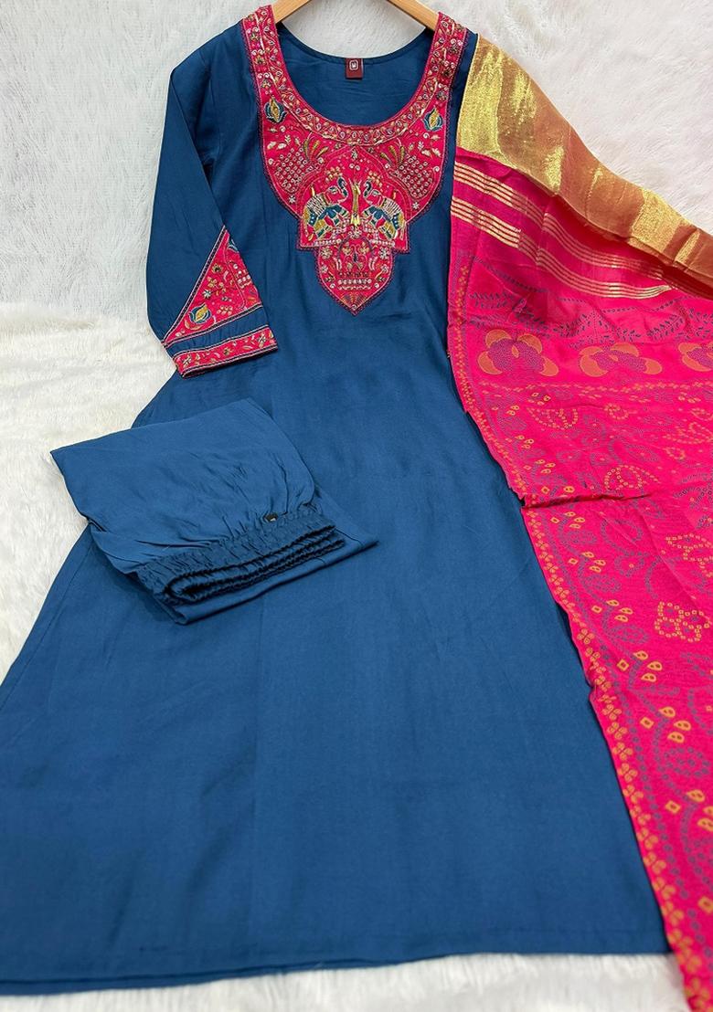 Blue Embroidered Silk Blend Salwar Kameez - Indya